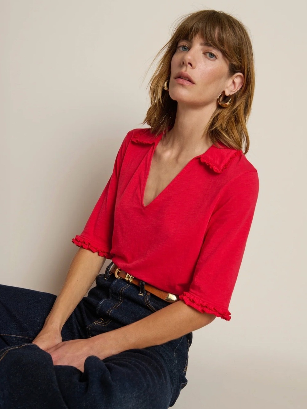 NWT Nation LTD Allison Collared V Neck Tee in Tango (Red), Size XS